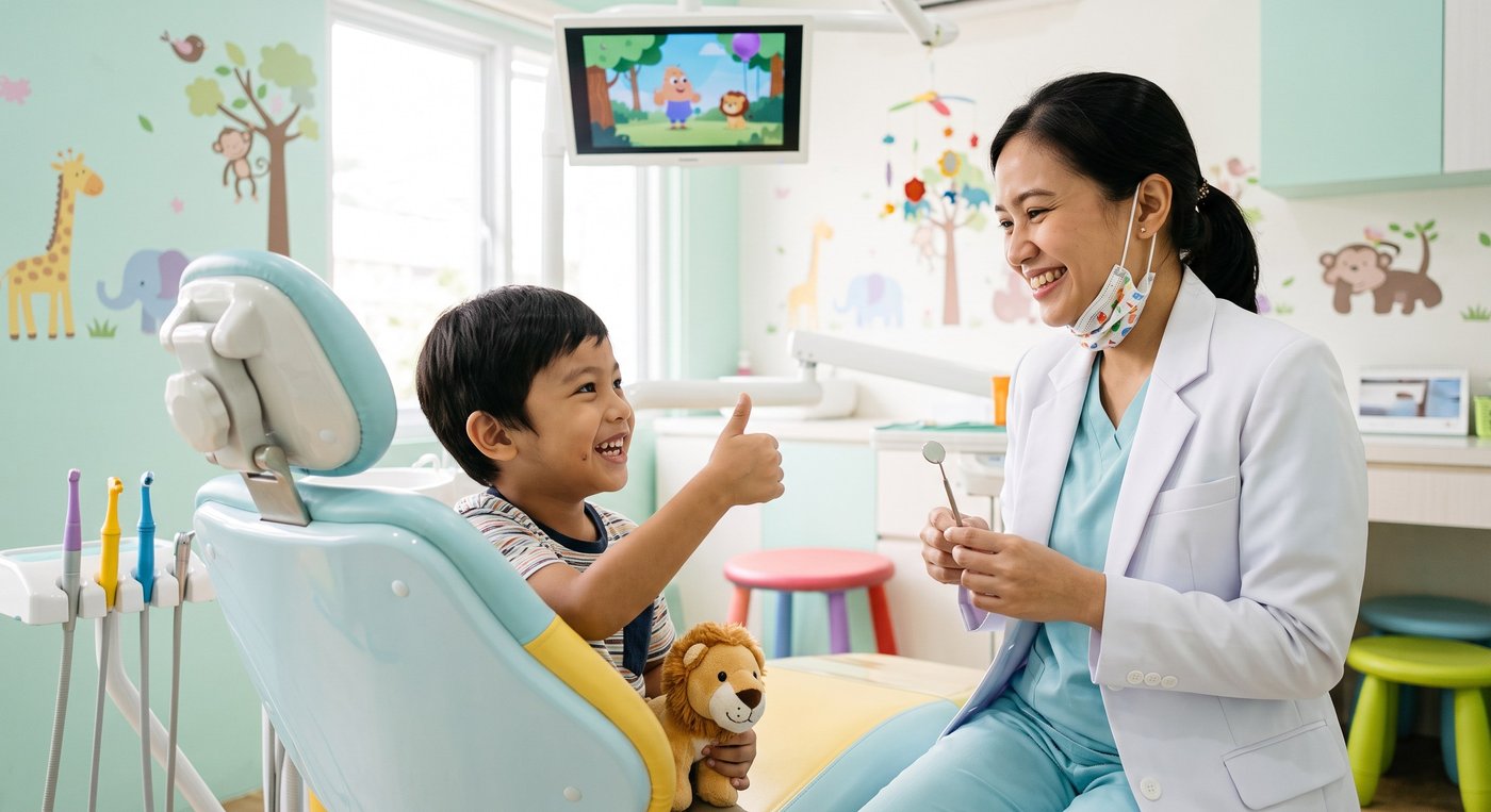 Dokter gigi DENTISKU Subang melayani pasien anak dengan pendekatan ramah dan kursi biru pastel di ruang klinik ceria